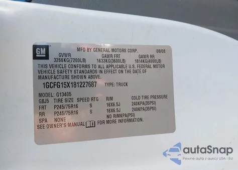 2008 Chevrolet Express Work Van z USA, uszkodzony, nr VIN 1GCFG15X181227687